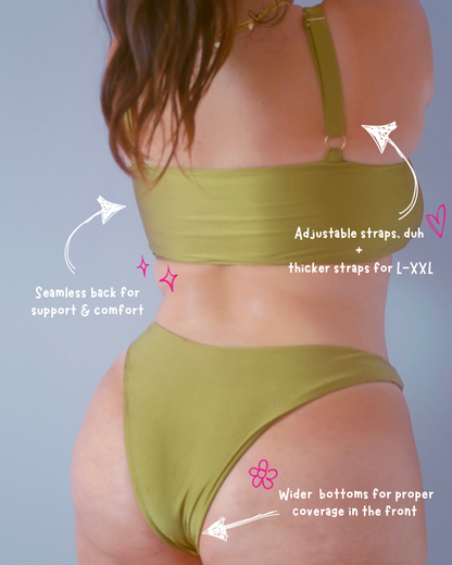 Green bikini set with text highlighting features on a light gray background
